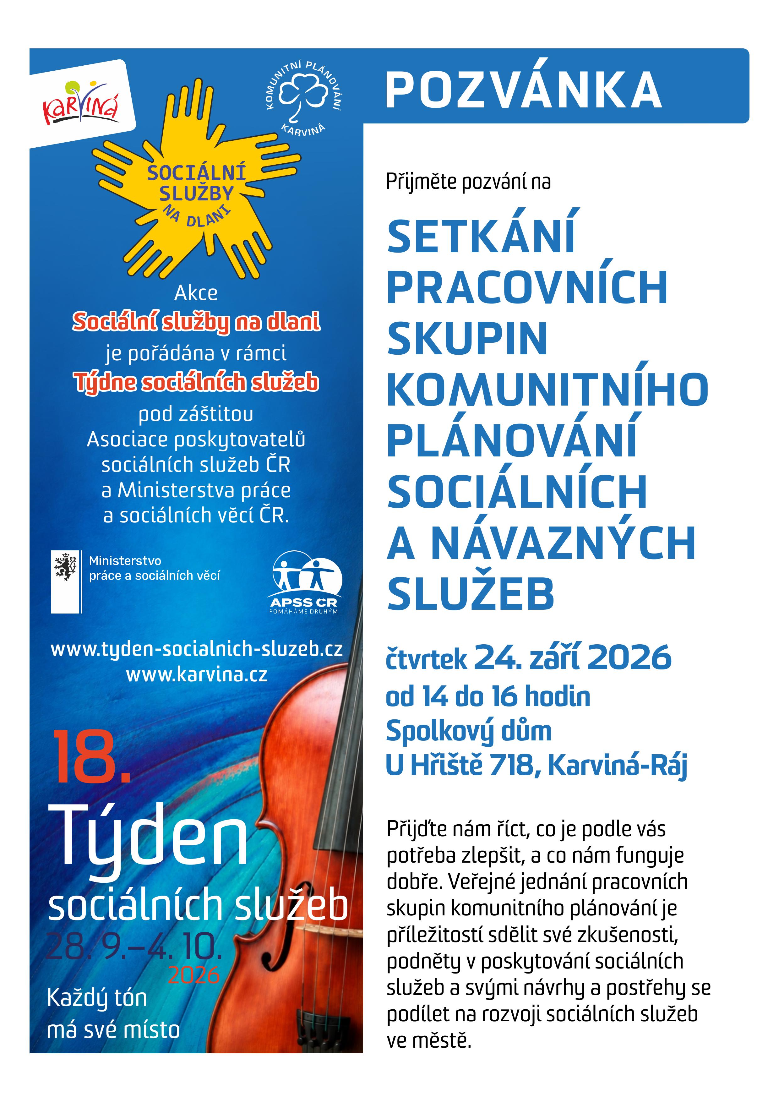 Sociální služby na dlani 2026 - Veřejné setkání pracovních skupin Komunitního plánování